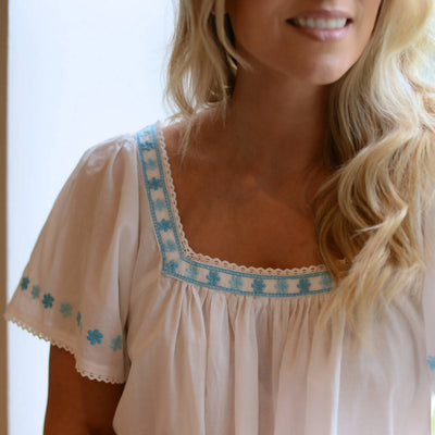 White Cotton Nightdress with Embroidered Turquoise Flowers