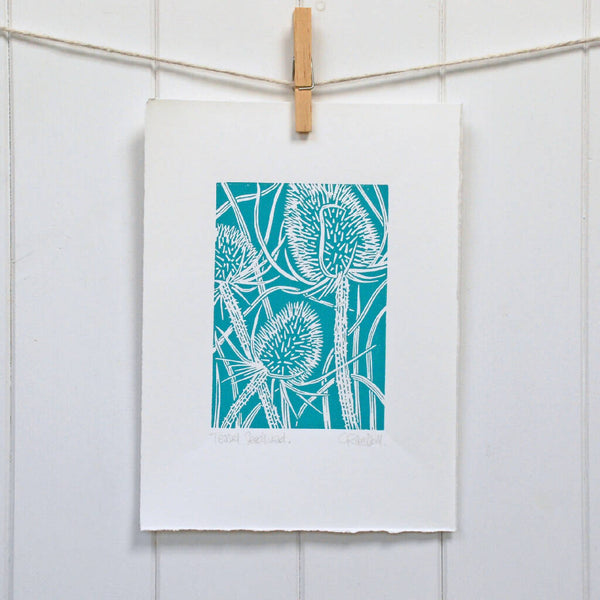 Teasel Seedhead in Teal Blue - Open Ended Edition - Original Linocut Print