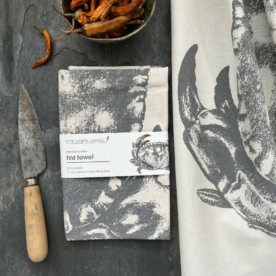 Set of Two Natural Cotton Tea Towels ~ Crab and Lobster