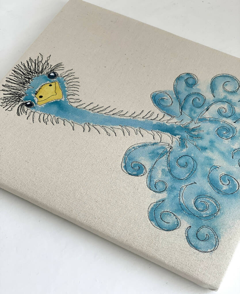 Fun Ostrich in Blue Watercolour and Black Machine Stitch Outline