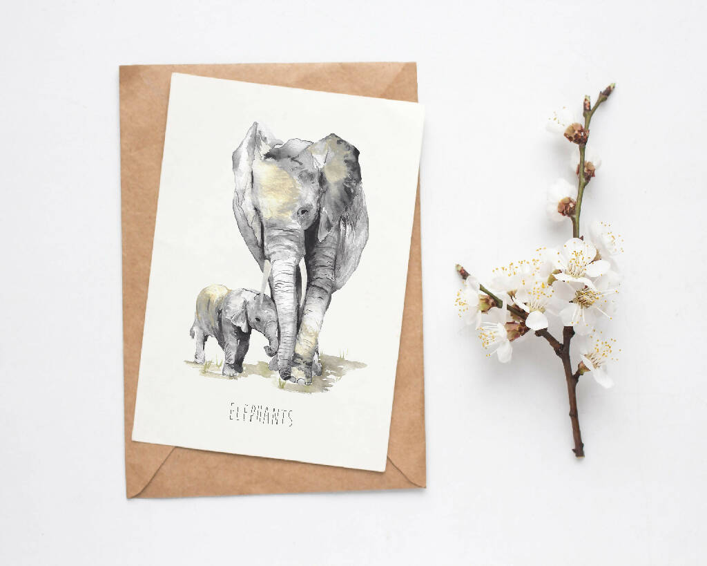 Watercolour Mum and Baby Elephant Card