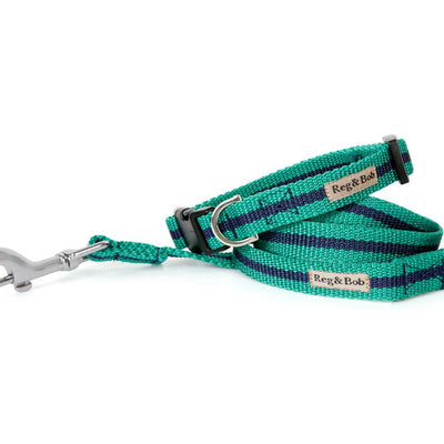 Dog Collar & Lead Set In Teal And Navy Stripe