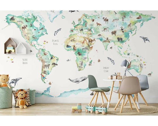 Animal World Map Mural Wallpaper
