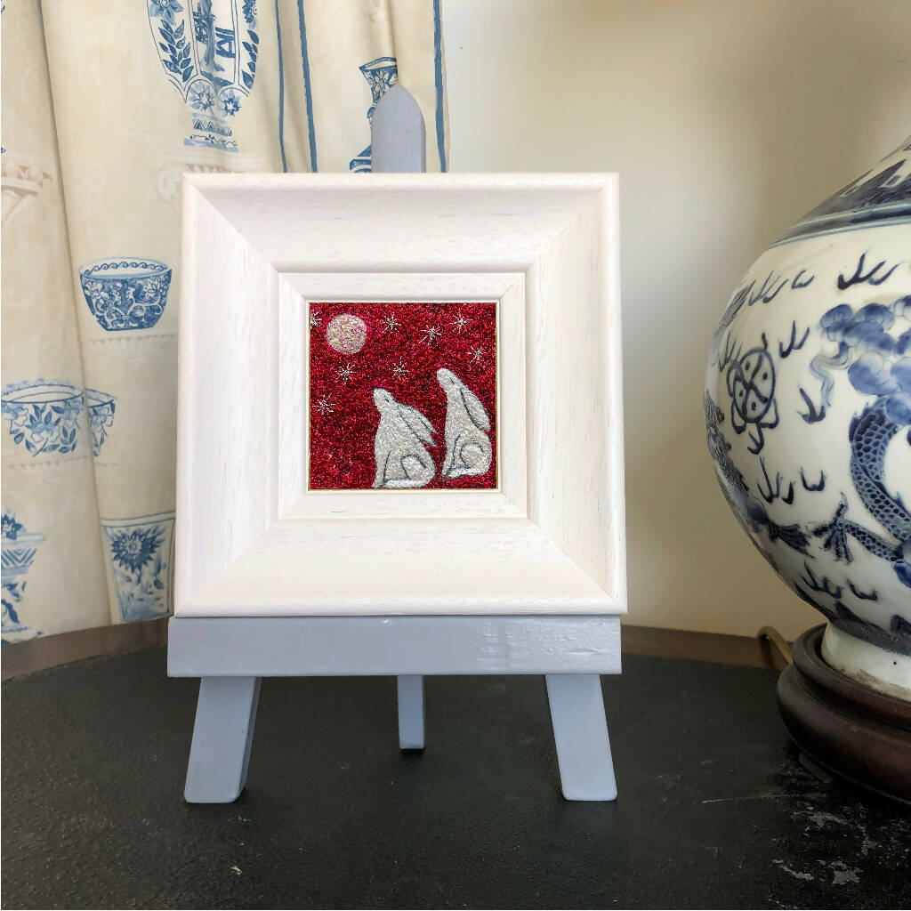 Better Together Embroidered Framed Artwork Two White Hares Under A Starry Sky