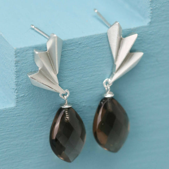 Geometric Fan Drop Earrings with Smokey Quartz in Solid Sterling Silver