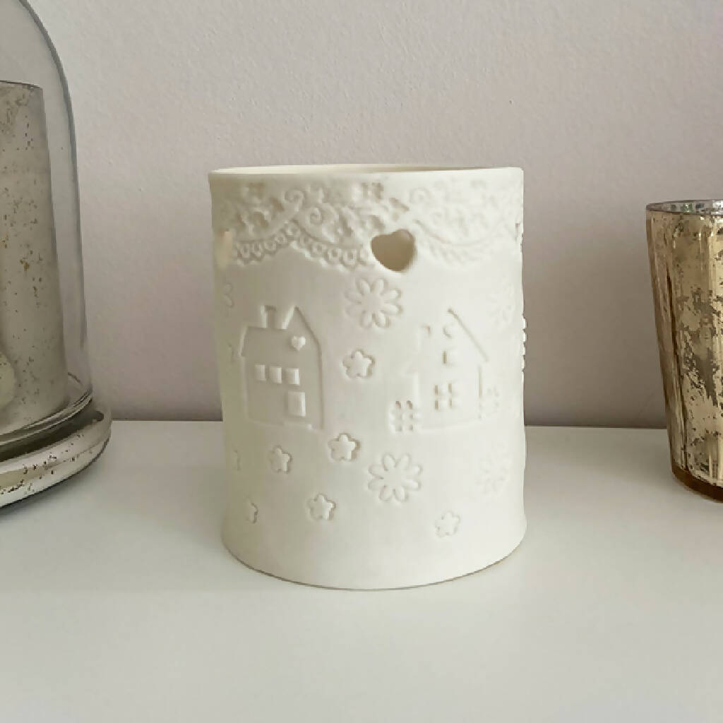 Porcelain Imprinted House Tea Light Holder