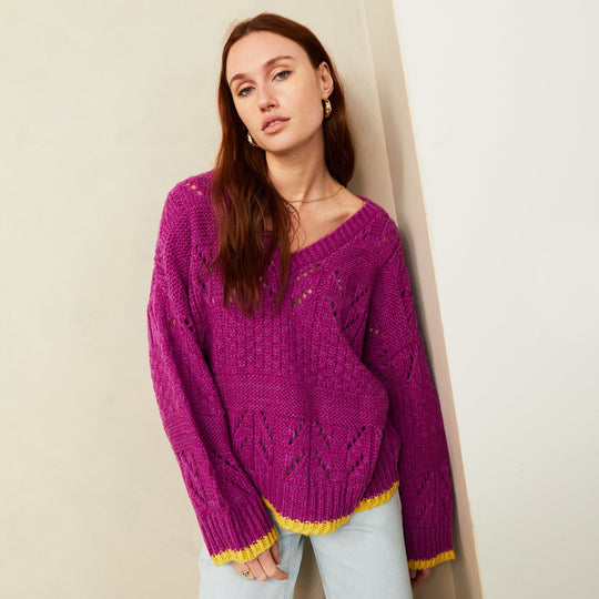 Zoe Pointelle V Neck Wide Sleeve Jumper - Fuchsia